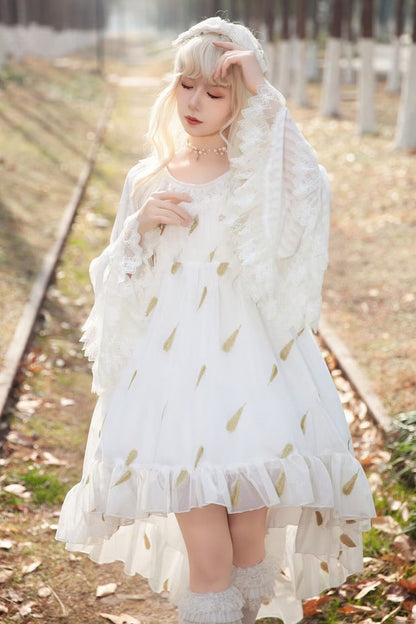 Feather Snowflake Embroidery Print Sleeveless Ruffle Bow Sweet JSK Dress