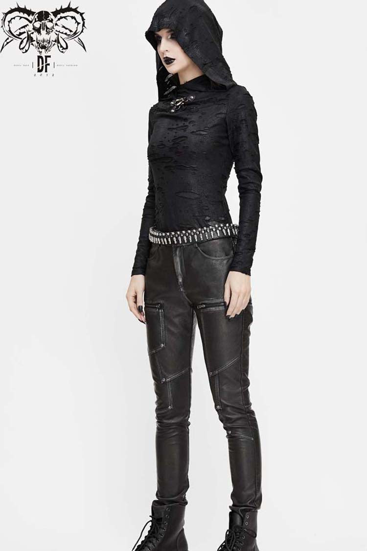 Women's Punk Shirt with Hooded Snakeskin Ripped Print Triangle Metal Studs