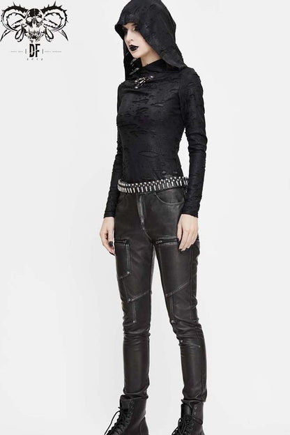 Women's Punk Shirt with Hooded Snakeskin Ripped Print Triangle Metal Studs