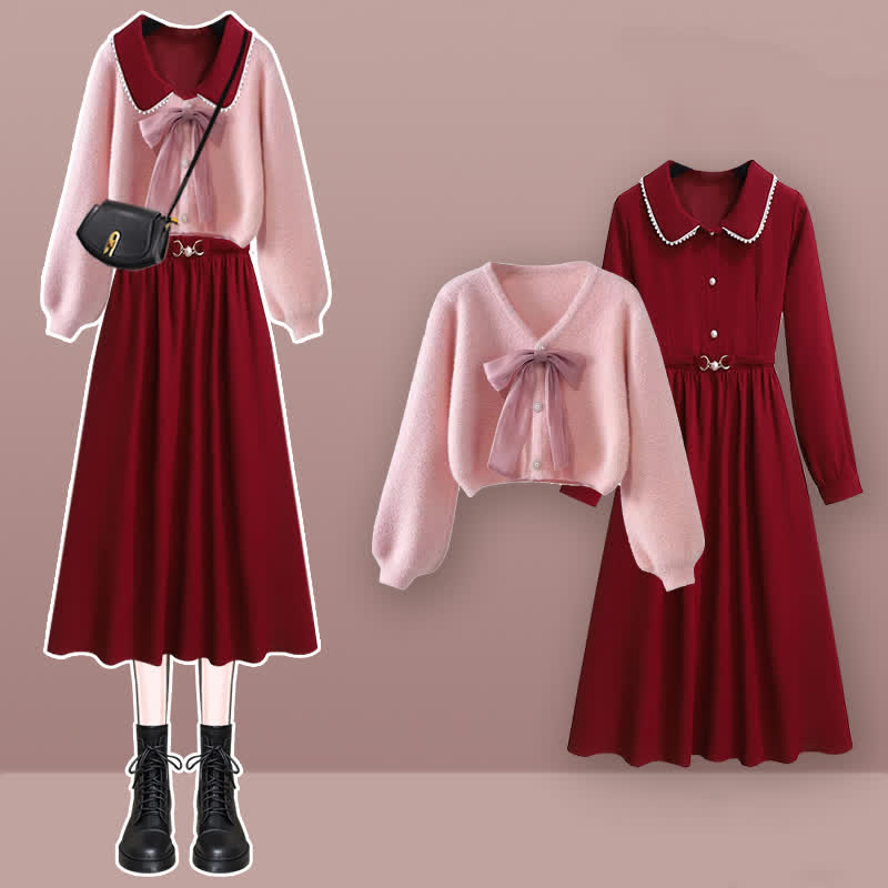 Elegantes Cardigan-Kleid mit Schleife und kurzem Pullover, langärmelig