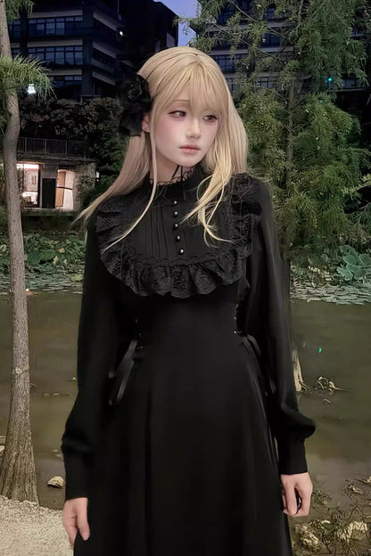 Black Lace-Up Gothic Lolita Dress with Stand Collar and Ruffled Sleeves