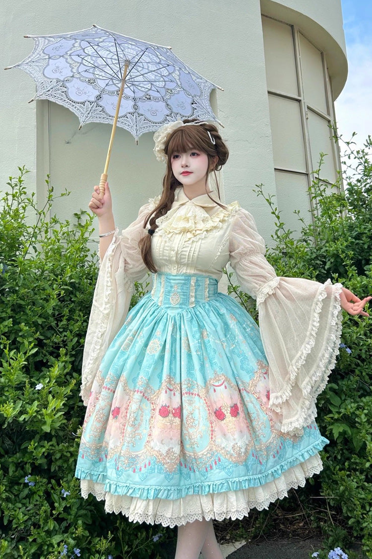 Ruffle-Embroidered Palace Skirt with Lace and Print