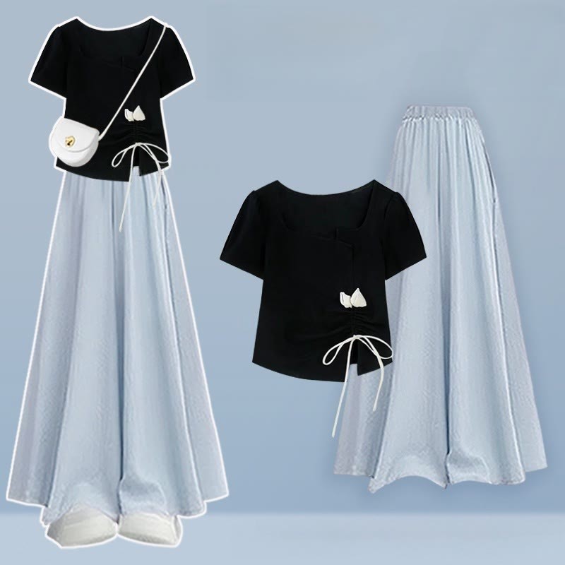 Pantskirt T-shirt Drawstring Two Wide Pieces Flower Leg Set