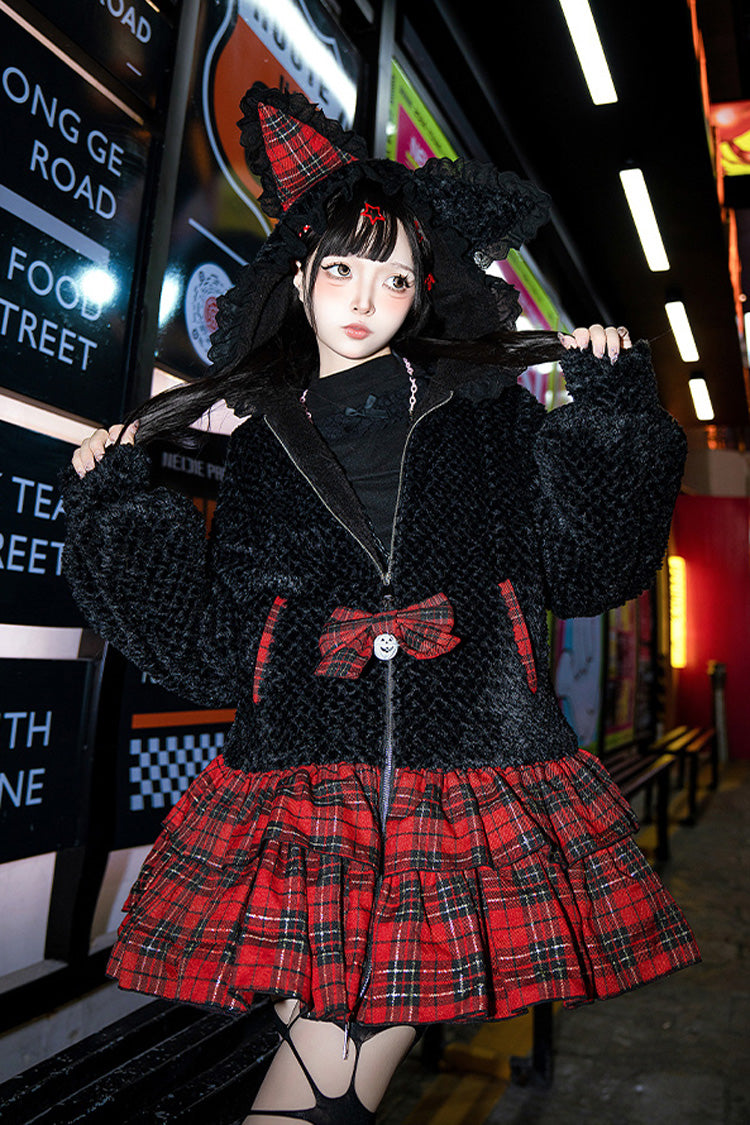 Black Red Night Cat Plaid Ruffle Bow Hooded Sweet Lolita Skirt Coat