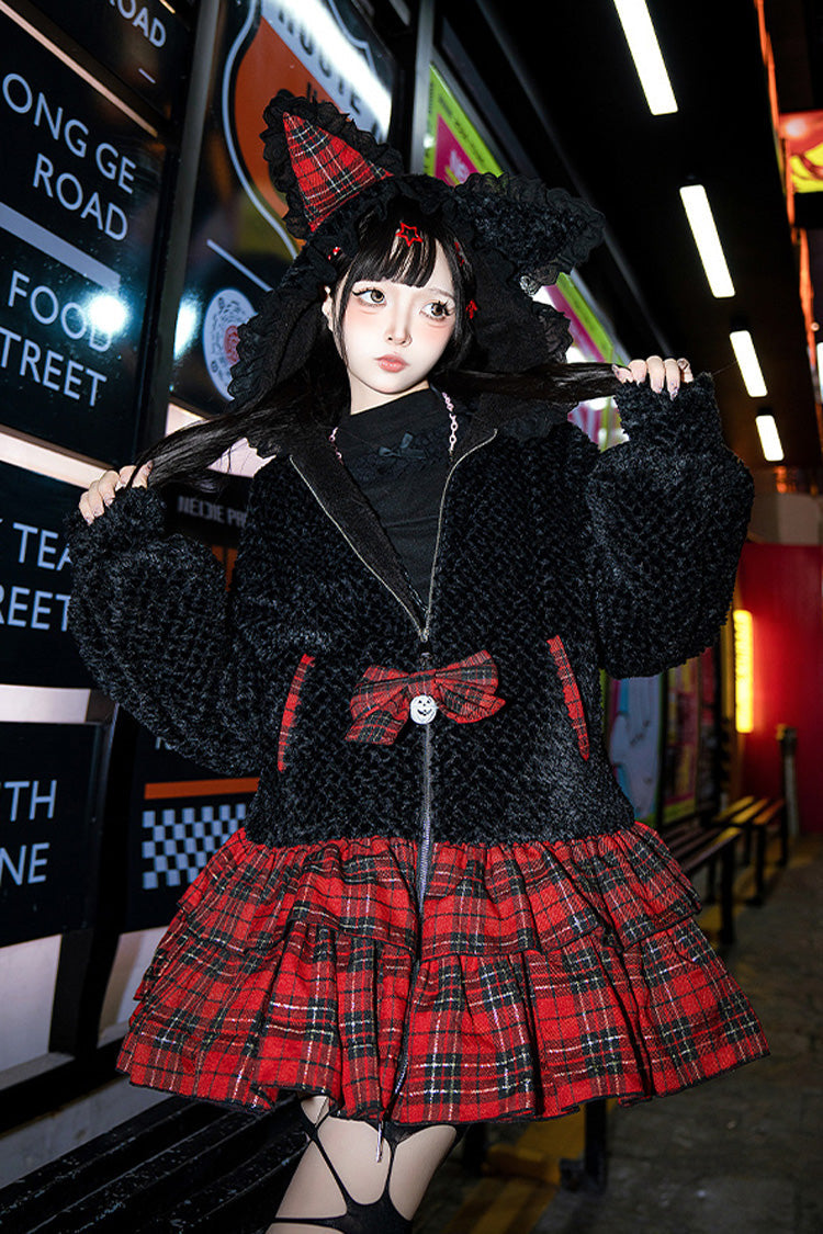 Night Cat Plaid Hooded Sweet Lolita Skirt Coat - Noir