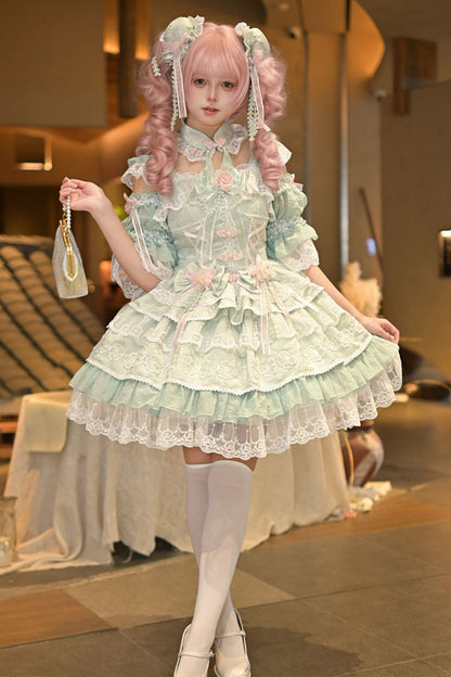 Emerald Rain of Peaches Sleeveless Bowknot Lace Chinese Lolita JSK