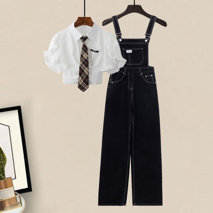 Overalls Denim Tie T-Shirt Pocket Lapel Set