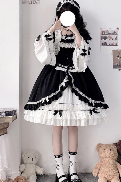 Hime Sleeves Gothic Princess Dress with Multi-Layer Ruffled Cardigan and Bow
