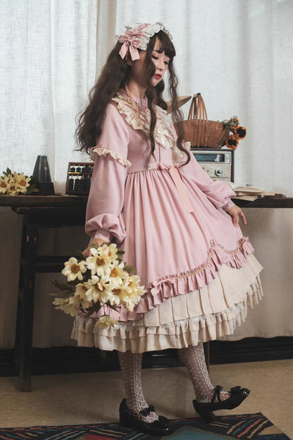 Pink Long Sleeves Ruffle Bow Daily Sweet Princess Lolita Dress