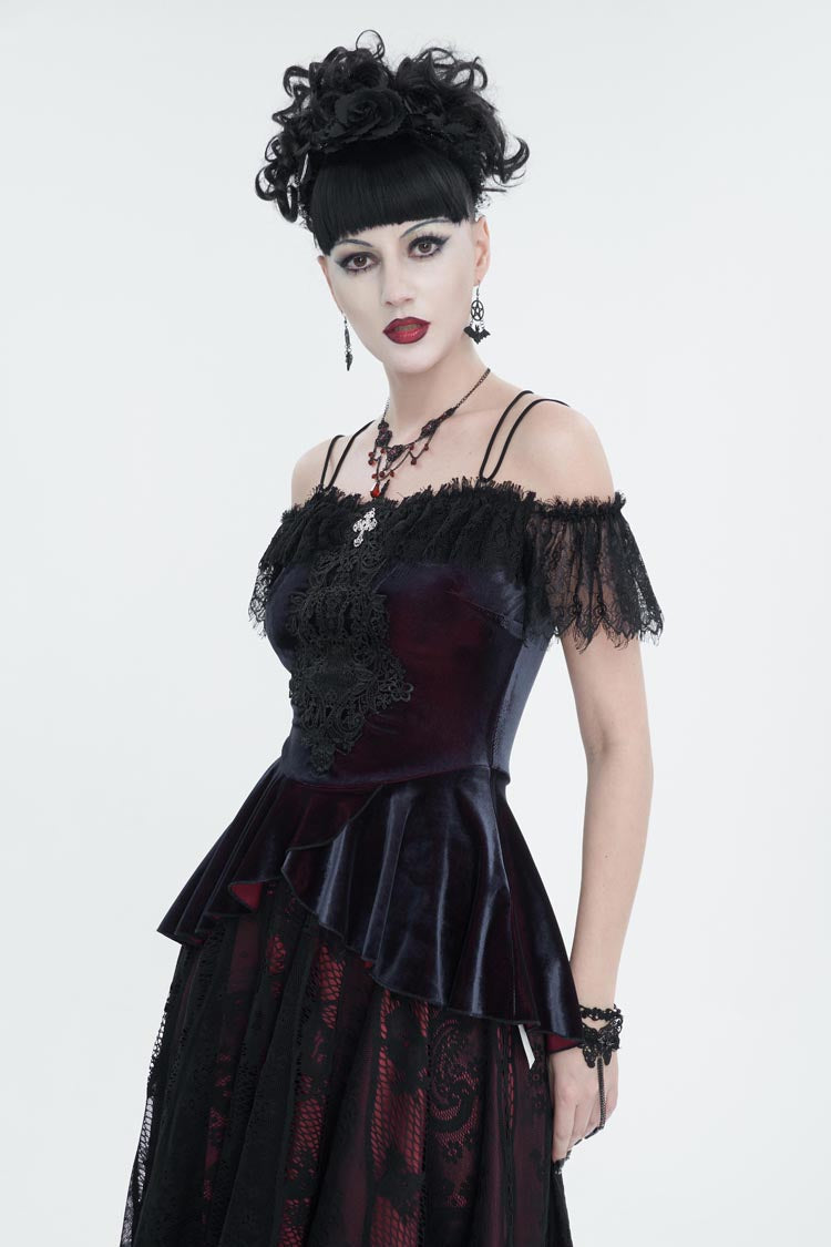 Crimson Stretch Velvet Eyelash Lace Short Sleeve One-Shoulder Goth Strap Tee