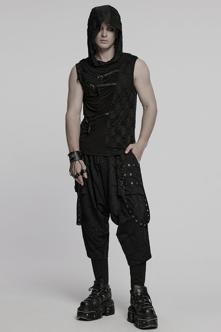 Ruched Punk Sleeveless Hooded Vest with Rips - NoirEdge