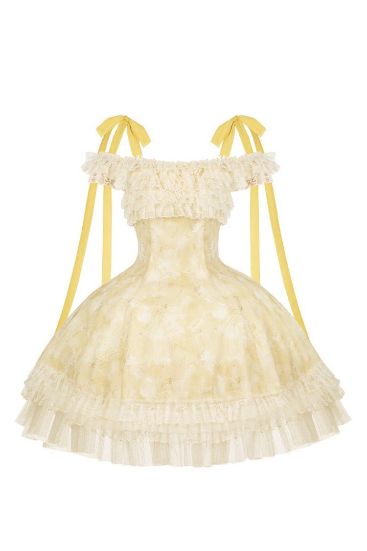 Golden Square-Collar Flutter-Sleeve Ruffled Lace Short Dress