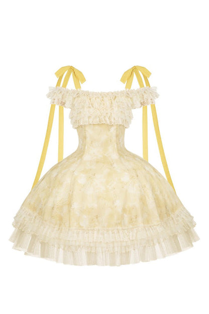 Golden Square-Collar Flutter-Sleeve Ruffled Lace Short Dress