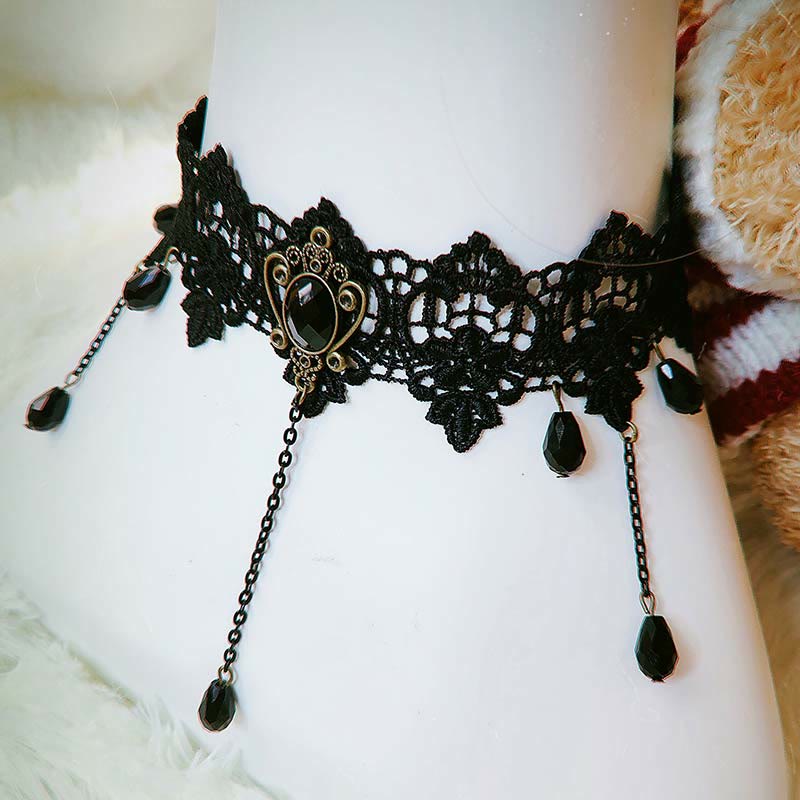 Collier ras du cou gothique punk rétro en dentelle et cristal Lolita