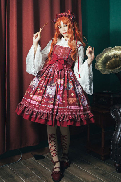 Red Little Witch Sleeveless Print Ruffle Bowknot Sweet Elegant Lolita Jsk Dress