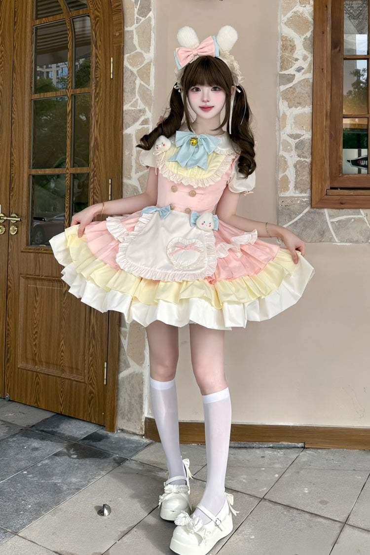 Cream Puffs Short Sleeve Layered Ruffle Bow Sweet Lolita Gown in Yellow Pink