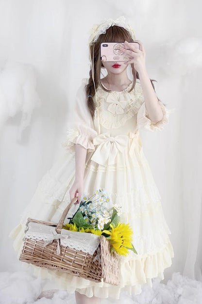 Beige Lace Angel Short-Sleeved Bow-Trim Ruffled Sweet Lolita Dress
