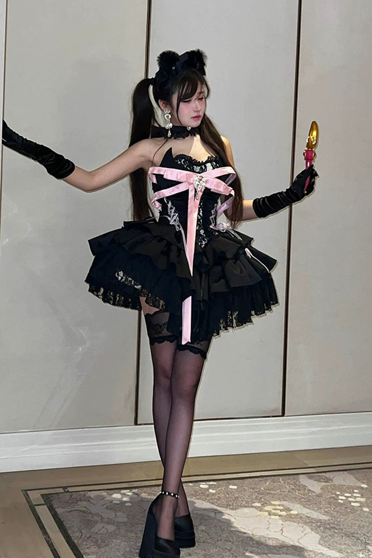 Kitten Sweetheart Multi-Layered Ruffled Bow Lace-Up Princess Ballet Gothic Lolita Jsk Dress