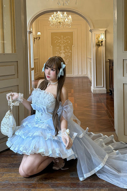Off-Shoulder Sleeveless Triple-Ruffle Ballet Dress Set with Bow