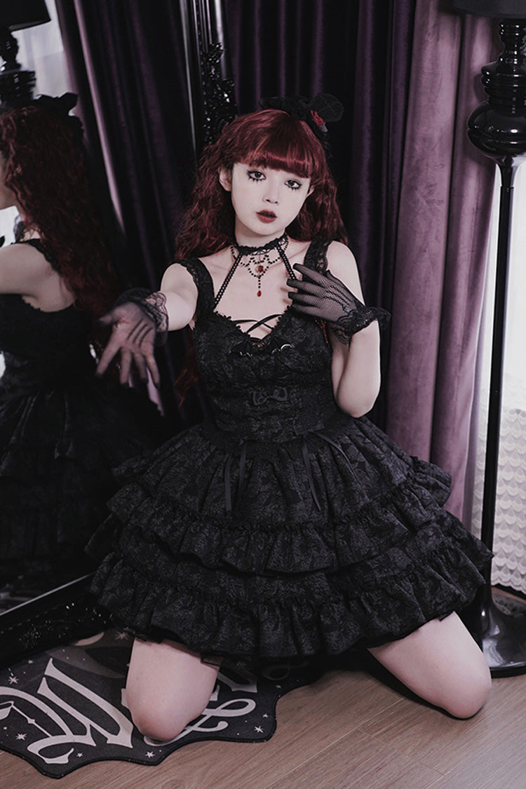 Weeping Rose Double-Layer Ruffle Embroidered Bow Lace Gothic Ballet Set