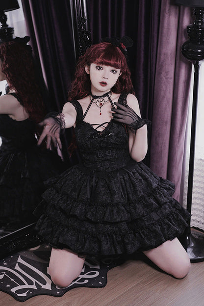 Weeping Rose Double-Layer Ruffle Embroidered Bow Lace Gothic Ballet Set