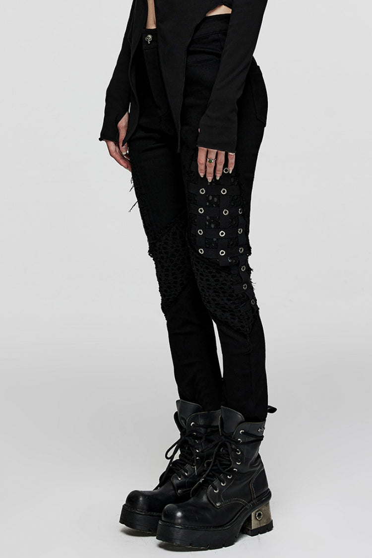 Sleek Mesh Stitched Steampunk Trousers with Metal Grommets