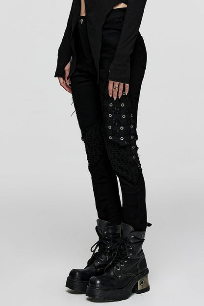 Sleek Mesh Stitched Steampunk Trousers with Metal Grommets