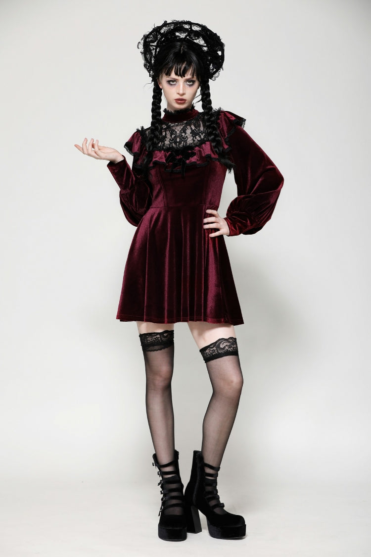 Crimson Knit Velvet Maxi Gown with Long Sleeves - Gothic Graduation Attire