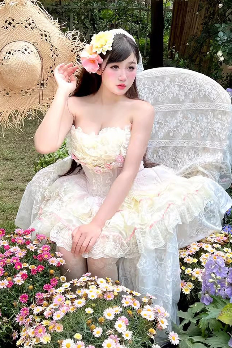 Pink Floral Love Ruffle Bow Lace Elegant Lolita Dress Set