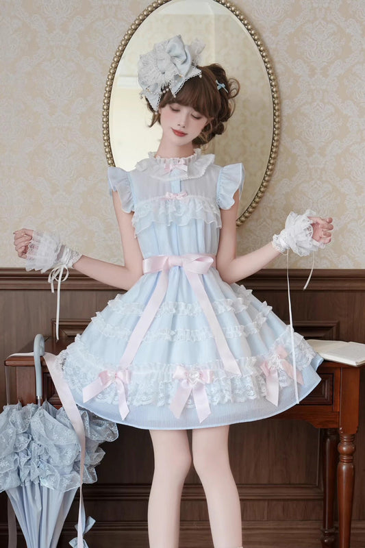 Blue Frosted Cake Stand Collar Sleeveless Ruffle Bow Lace Sweet Japanese Princess Lolita Tiered Dress