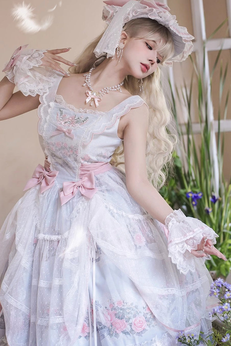 Multicolor Rose Flower Cage Print Ruffle Bow Lolita JSK