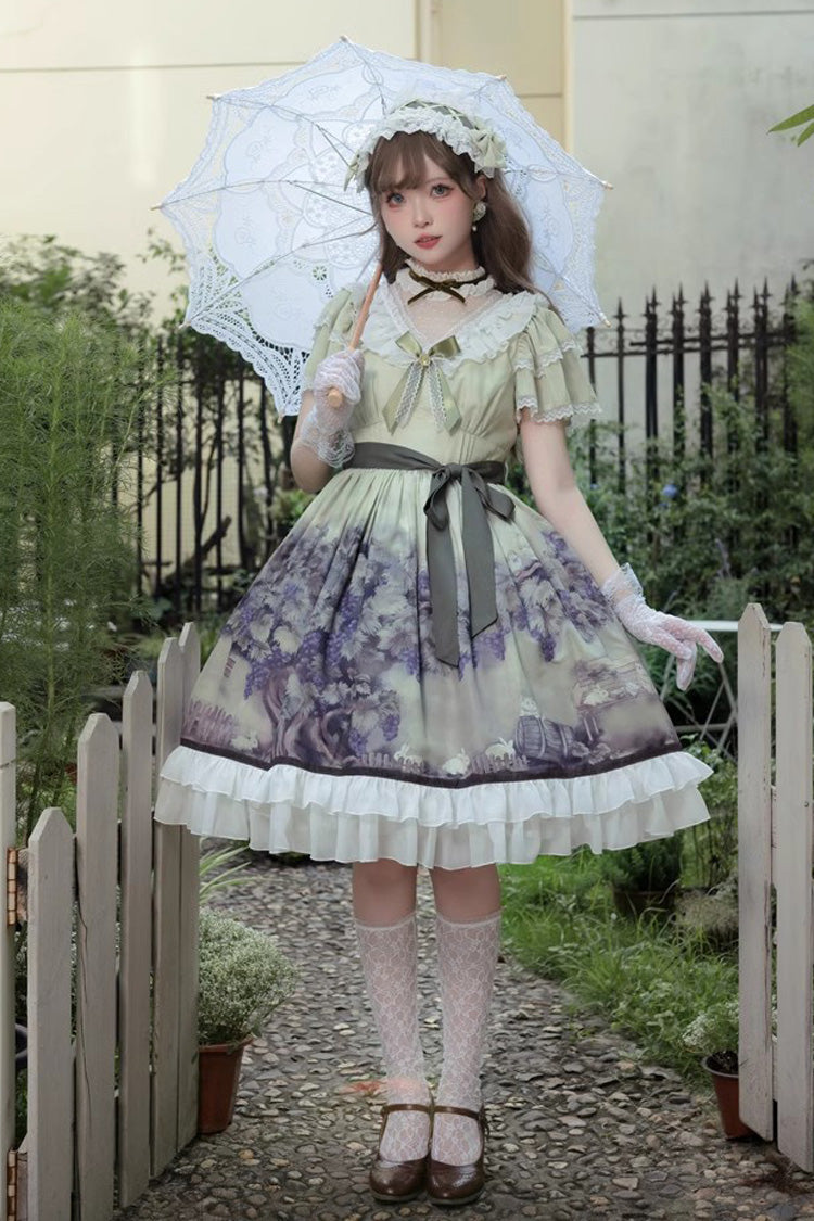 Multi-Color Short Sleeves Vineyard Print Ruffle Bow Sweet Princess Lolita Dress