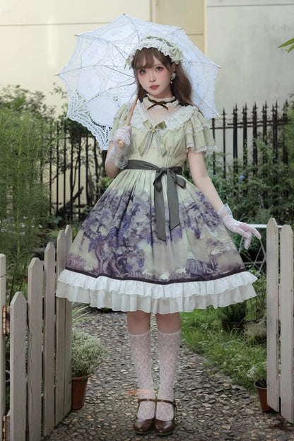 Multi-Color Short Sleeves Vineyard Print Ruffle Bow Sweet Princess Lolita Dress