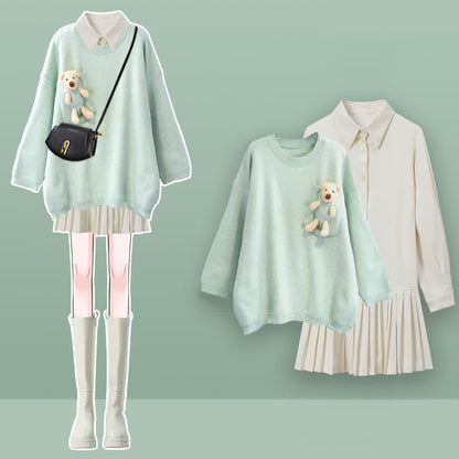 Lapel Pleated Sweet Dress Bear Sweater Pullover