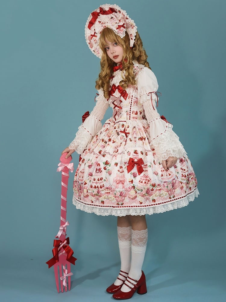 Strawberry and Desserts Print White Sweet Bow Accents Lolita JSK / Full Set