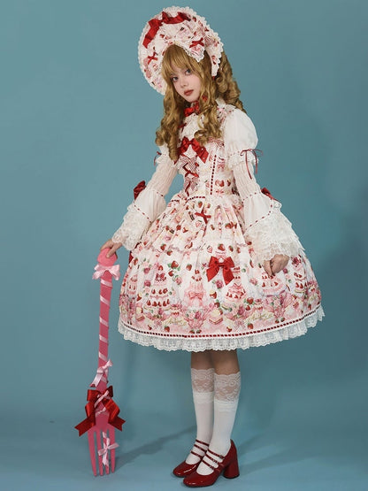 Strawberry and Desserts Print White Sweet Bow Accents Lolita JSK / Full Set