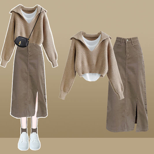 Knit Sweater Sailor Collar Denim Top Split Skirt Cami