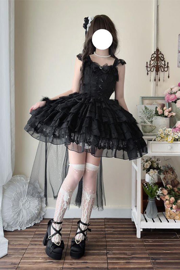 Black Broken Wings Rebirth Sleeveless Multi-Layered Ruffle Bow Lace-Up Gothic Ballet Lolita Jsk Dress