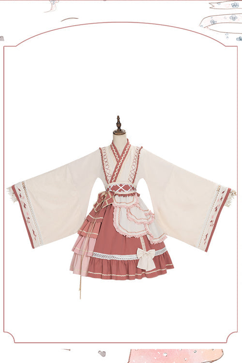 Multi-Layered Ruffled Wide-Sleeved Sweet Lolita OP Dress in Beige and Pink