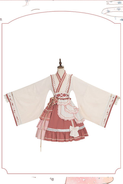 Multi-Layered Ruffled Wide-Sleeved Sweet Lolita OP Dress in Beige and Pink