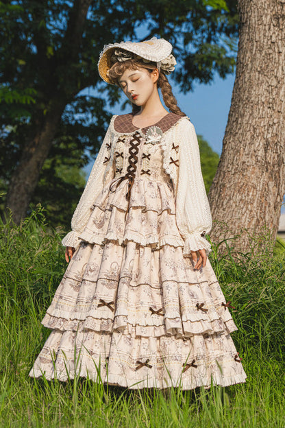 Evening Glam Multilayer Printed Ruffled Bow Laced Elegant Gown