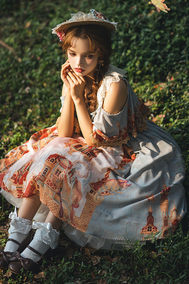 European Architecture Oil Painting Off-Shoulder Ribbon Lolita Dress