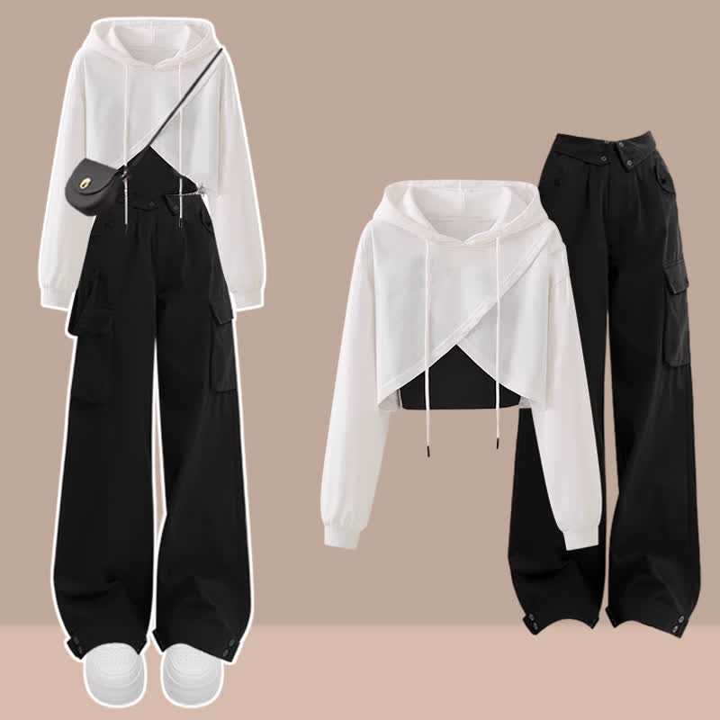 Cross Hoodie Top Crop Chic Pockets Cargo Tank Pants
