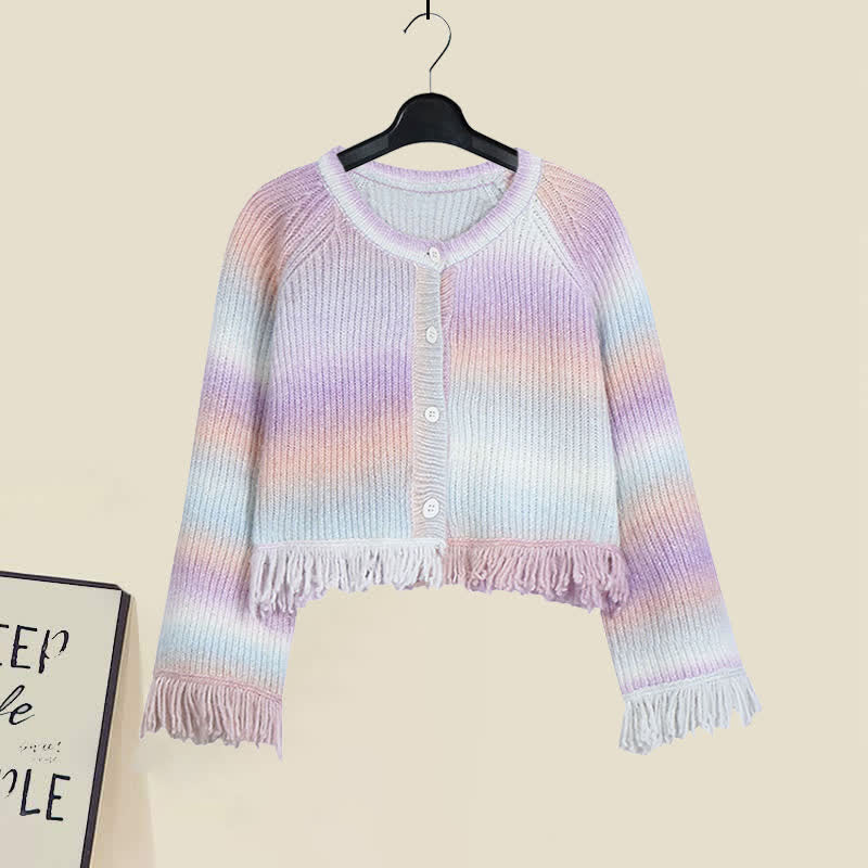 Sweet Tie Dye Fringed Cardigan Sweater Chiffon Slip Dress