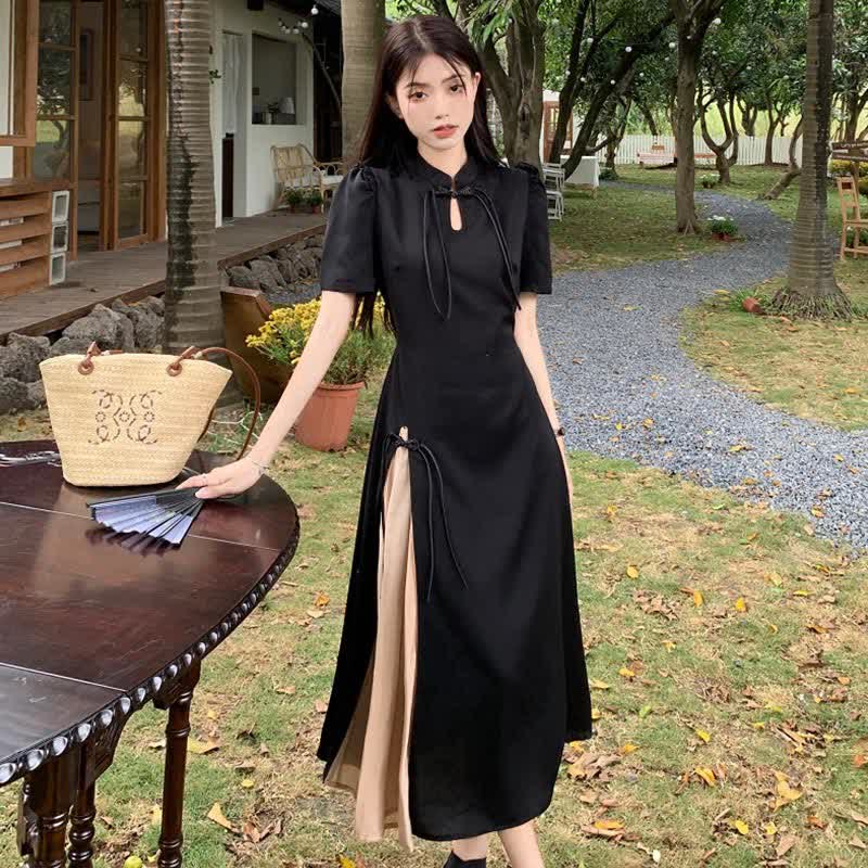 Robe cheongsam trapèze fendue à boucle noire élégante