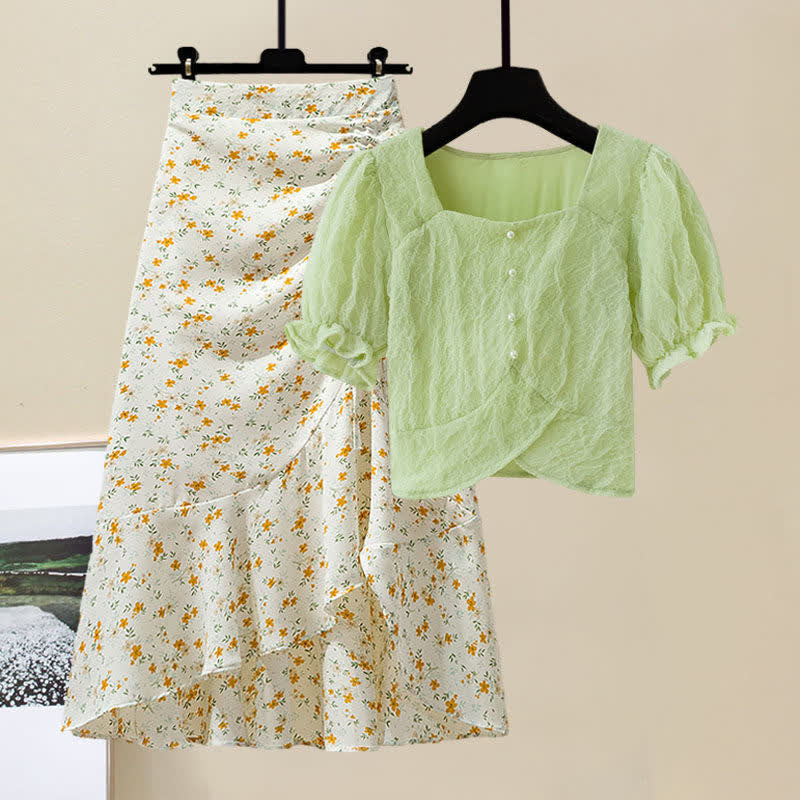 Set Pure T-Shirt Skirt Color Collar Print Sqaure Floral