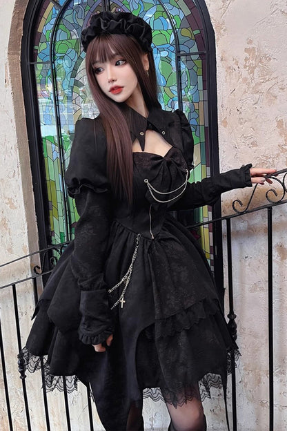 Black Gothic Princess Lolita Dress with High Waist and Ruffled Cardigan