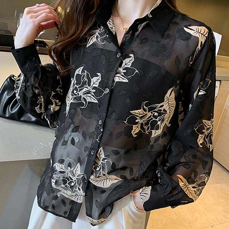 Black Floral Print Puff Sleeve Chiffon Shirt