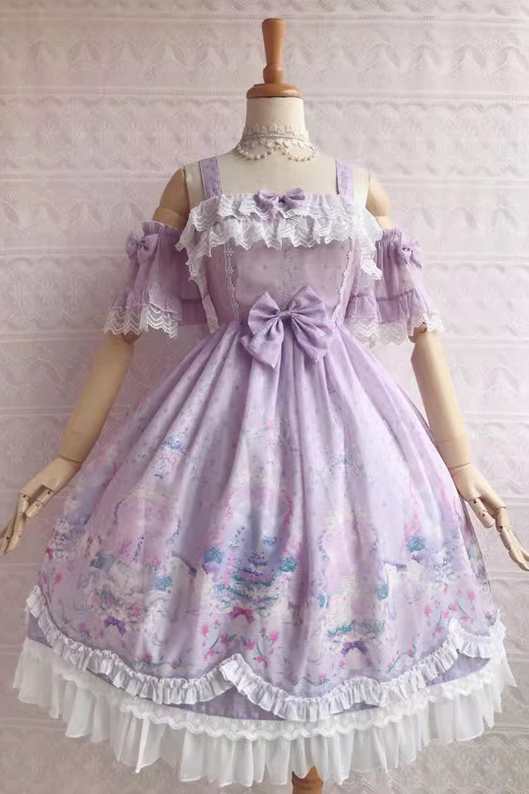 Sweetie Violet Unicorn Print Ruffle Jsk Dress - Secret Garden Lolita