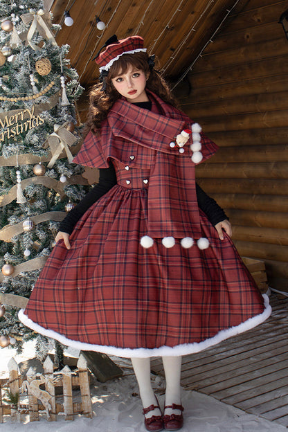 Crimson Striped Tartan Print Autumn Winter Fishbone Sweet Corset Lolita Dress